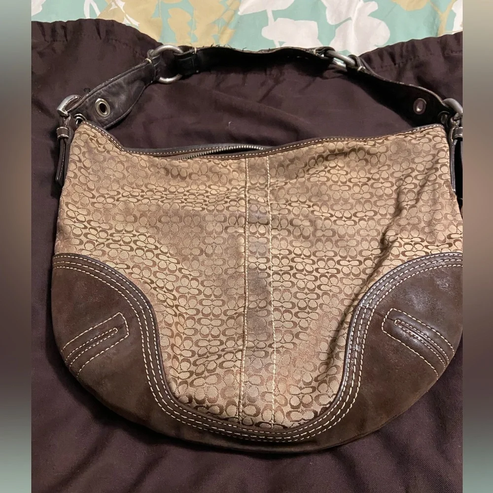 Vintage Coach 2158 Brown Signature Logo Suede Leather Hobo Shoulder